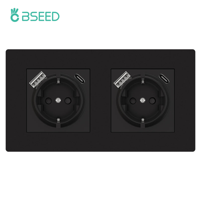 BSEED Single Wall Power Socket Double Type-C USB Phone Charge Port Triple Outlets Black Plastic Panel 16A 110V-240V