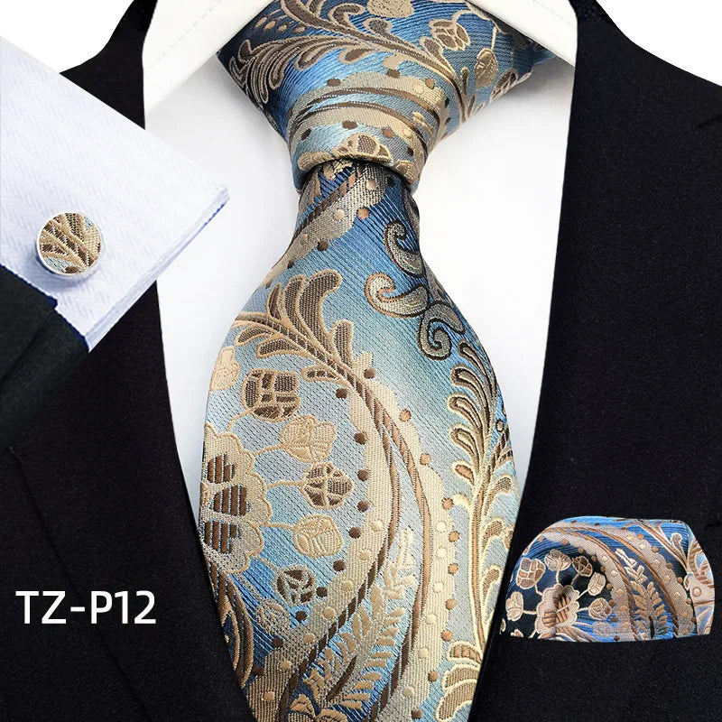 2026 New Men's Jacquard Fabric Tie Set Perfect for Business/Banquets/Formal Wear/Weddings. (Tie + Pocket Square + Cufflinks)