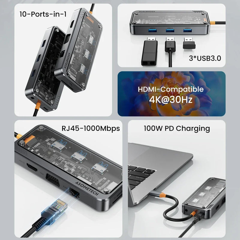 ស្ថានីយ៍ចត USB C HUB 10 ក្នុង 1 ប្រភេទ C ទៅ HDMI-compatible Hub Usb 3.0 អាដាប់ទ័រ PD 100W សម្រាប់សាកថ្មលឿន Macbook PC Laptop Tablet