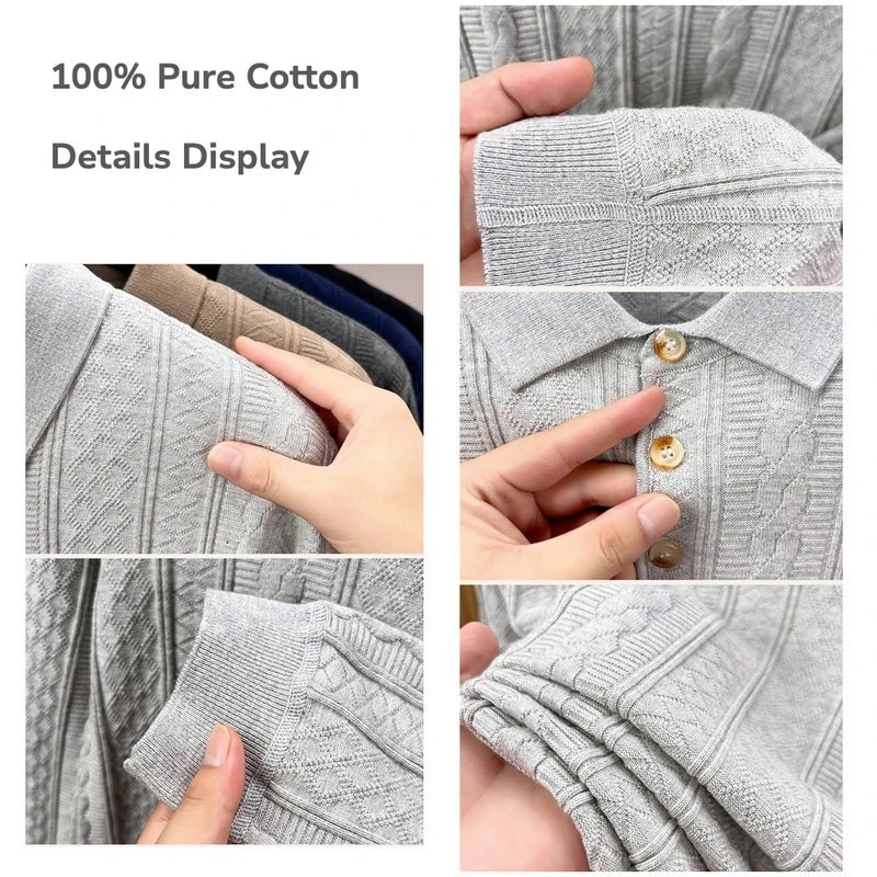 Men's Long Sleeve Waffle Knit Polo Shirt – 100% Cotton, Slim Fit, Business Casual Top for Autumn Winter