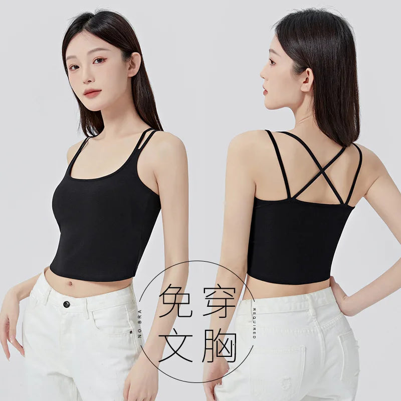 Cotton Chest Pads Vest Beautiful Back Suspenders Integrated Bra Sleepwear Top Slim Bottoming Underwear Women One Piece Pajamas