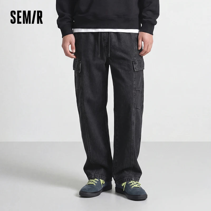 Semir Men Jeans Curved Barrel Loose Cargo Pocket Elastic Waist 2026 Autumn Denim Pants Comfortable Street Style Daily Wear