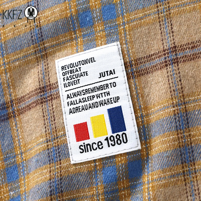 Soft Breathable Check Pattern Shirt Loose Fit Turn Down Collar Pocket Label Autumn Daily Men Casual Outer Blouse