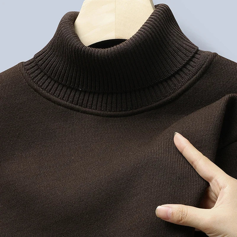 Stretch Knitted Turtleneck Top For Males Full Fleece Lining Thermal Warm Pullover Long Sleeve Casual Street Outfit