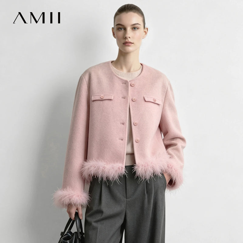 Amii Women's Double-Faced Wool Short Coat Removable Feather Trim Crew Neck Oversized Relaxed Fit Commuter Winter 2026 12614005