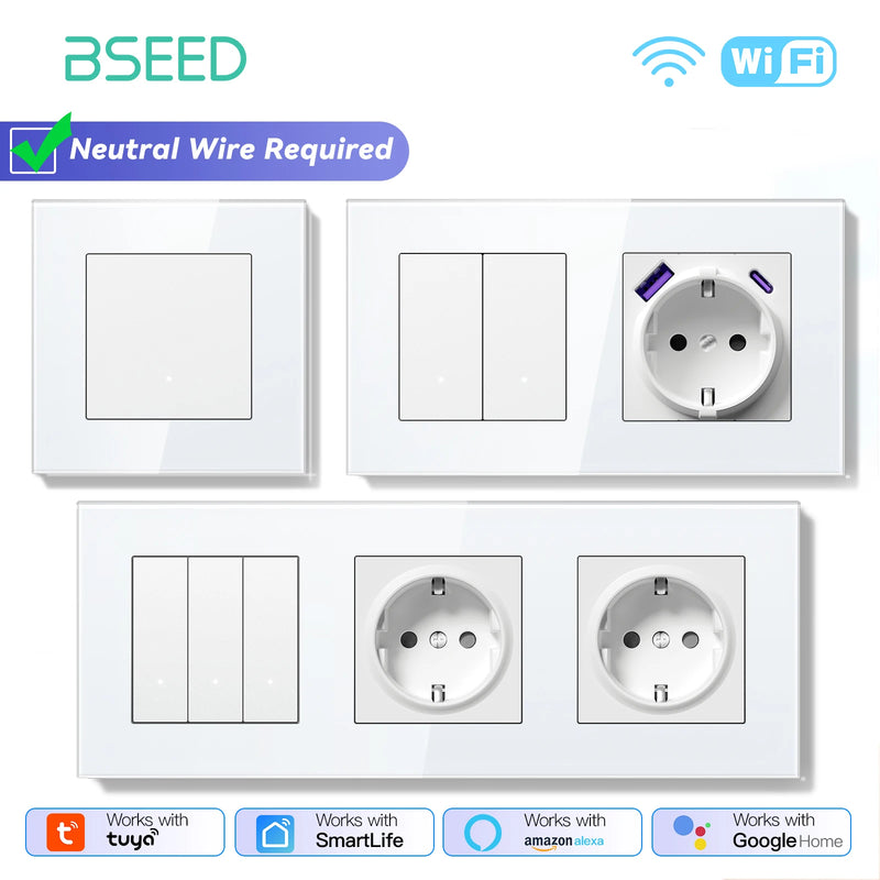 BSEED WIFI Light Switch 1/2/3Gang 2Way Smart Click Button Switch With EU Wall Socket Glass Panel Tuya Smart Life Alexa Control