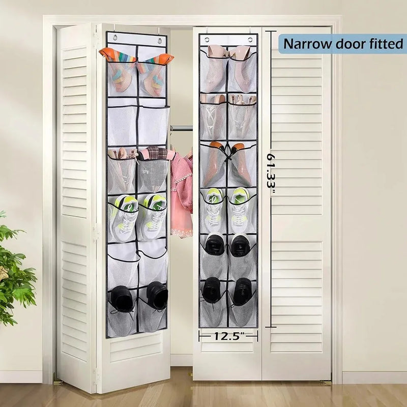 12 Pocket Shoe Cabinet with Large Mesh Pockets on the Door, and a Storage Bag with Hanging Pockets Behind the Door for Shoe St