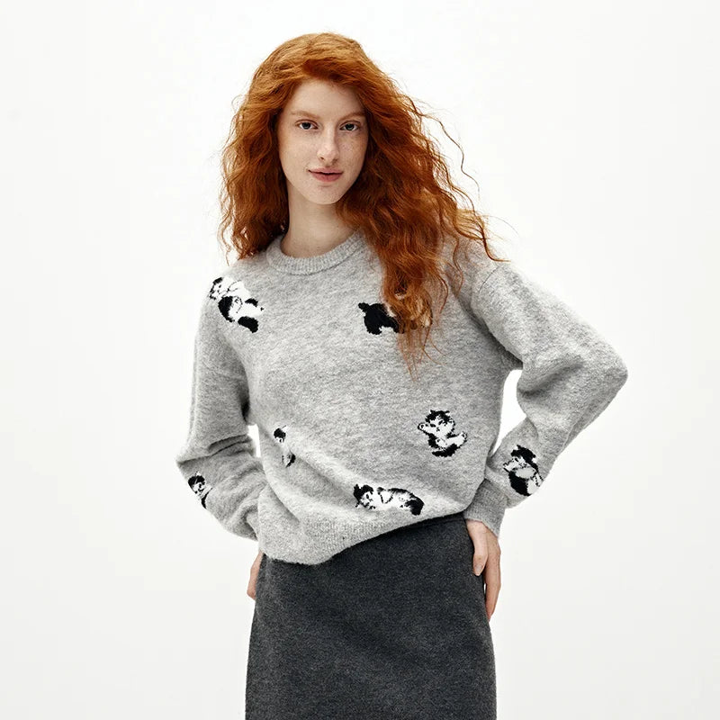 Semir Women Sweater Cat Graphic Drop Shoulder Petite Fit 2026 Winter Warm Knit Everyday Style Soft Touch Layering Wear