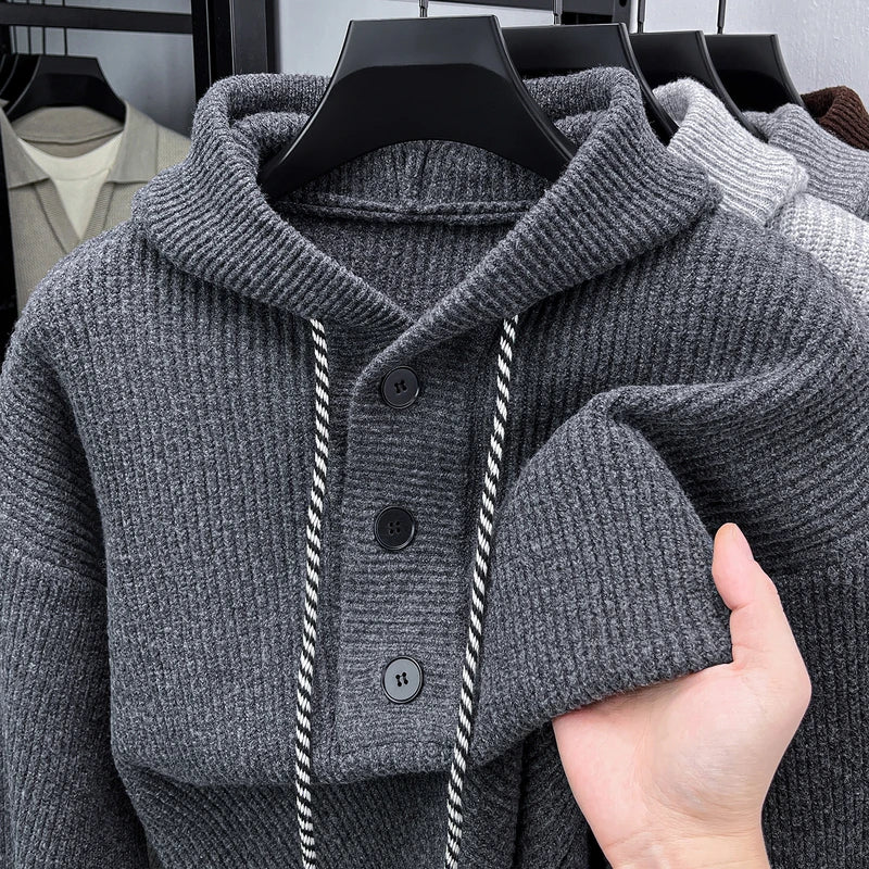 High-End Man Long Sleeved Knitted Sweatshirt Hooded Button Solid Color Not Easily Deformed Autumn Winter Casual Fashion MensWear