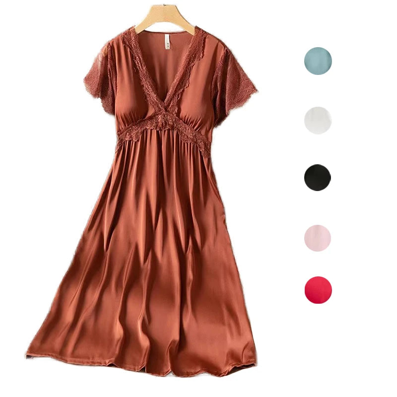 Fdfklak Sexy Silk Satin Thin Short-Sleeved Nightdress Women's Summer Nightgown New Princess Lace Ladies Sleepwear Nightshirt