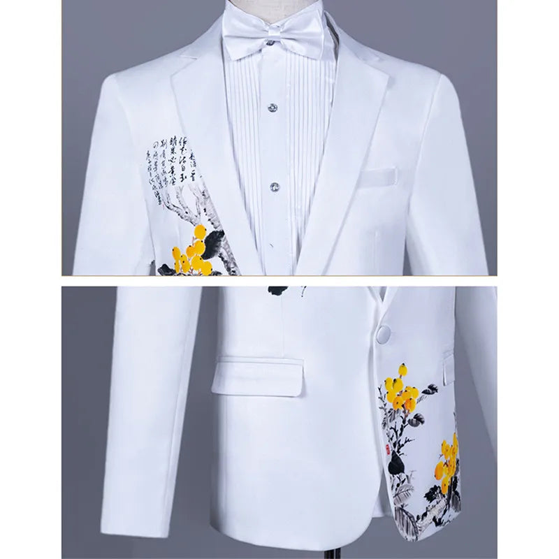 Chinese Style Print Long Sleeve Jacket with Pants, Ensemble in White Men Two-Piece Suit for Stage Performance and Choir Outfit