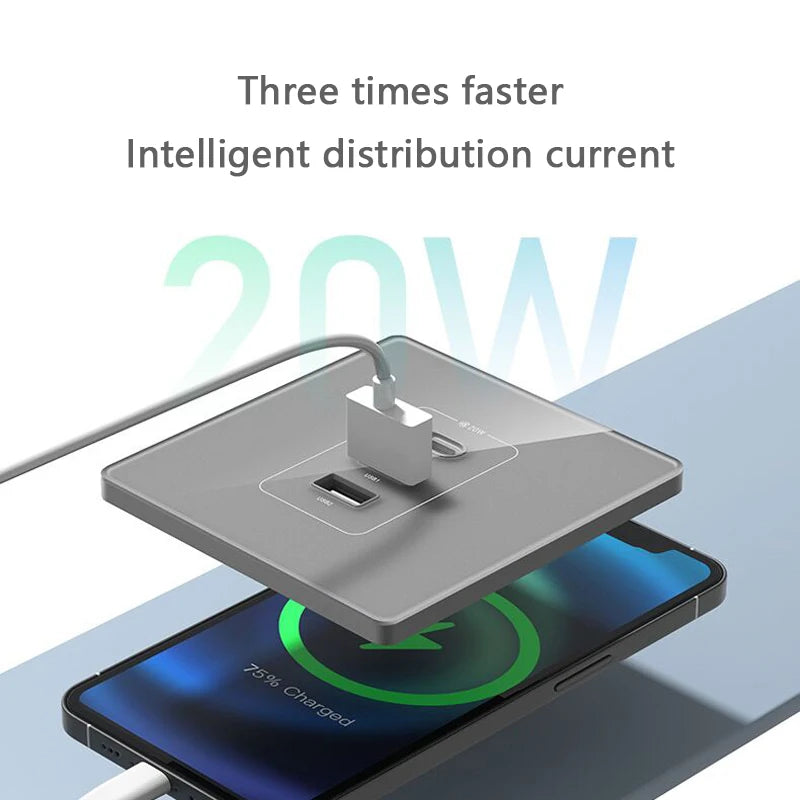 Universal 20W Super Fast Smart Charge Type C USB Port Glass Plastic Power Wall Socket Plug,Quick Charge Adapter Dual USB Socket