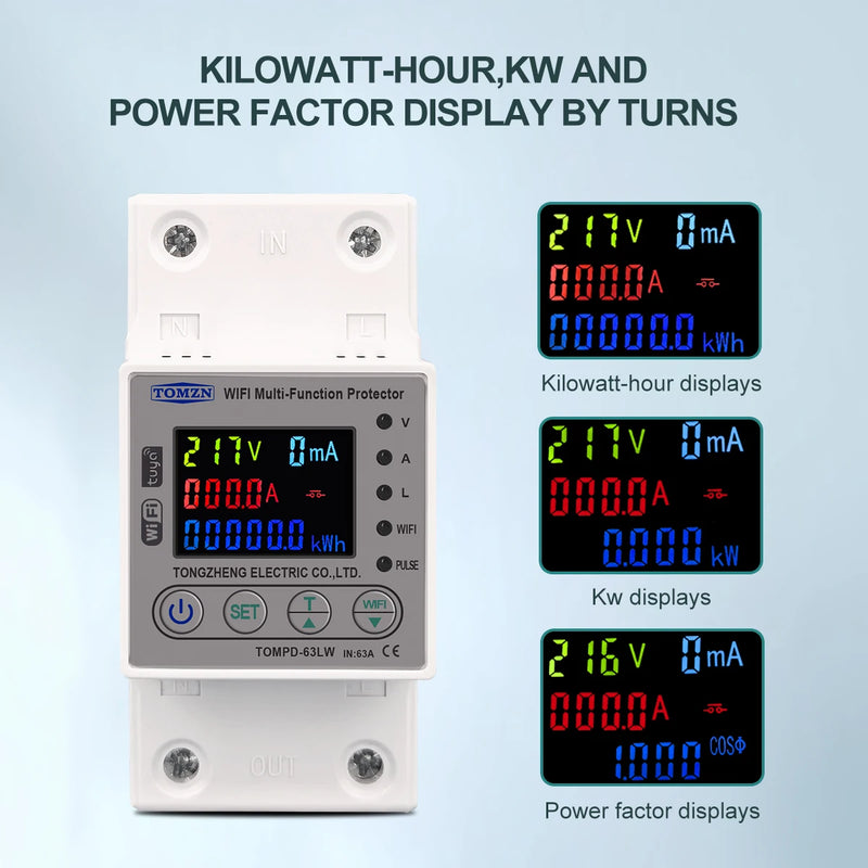 TOMZN 63A WIFI Smart Switch TUYA Energy Meter Kwh Metering Circuit Breaker Timer with Voltage Current and Leakage Protection