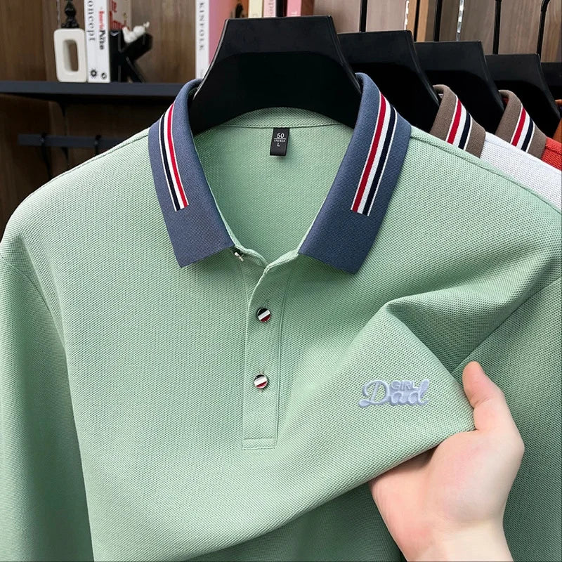 High Quality Man 100% Cotton Long-Sleeved Polo Shirt Lapel Button Letter Embroidery Autumn New Snug Leisure Versatile Men's Tops