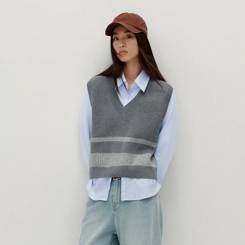 Semir Women Winter Shirt Striped V Neck Brushed Fabric Layering Minimal Design Two Piece Layering 2026 New Winter Daily Wear