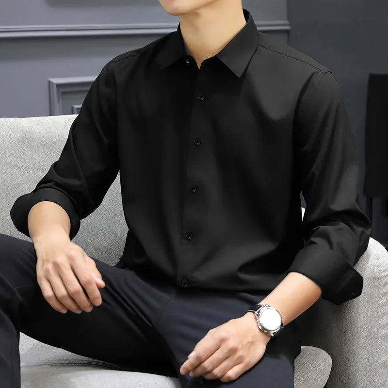Men's Business Casual Long Sleeve Shirt Solid Color Wrinkle Resistant Comfortable All-Season Versatile Solid Color Top