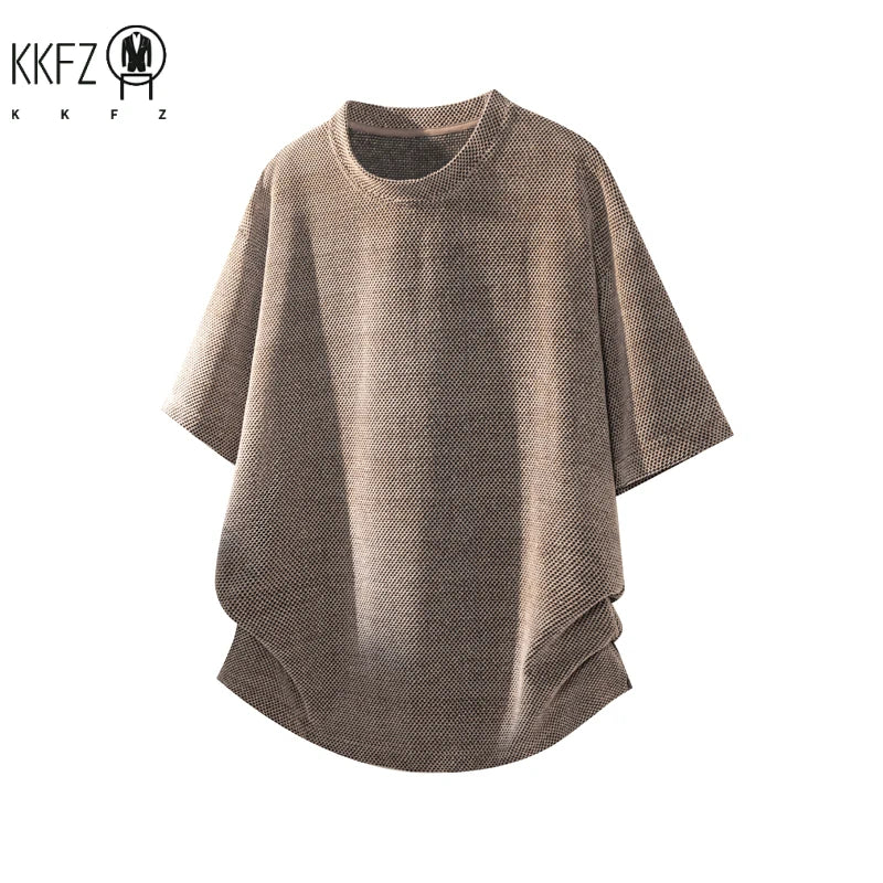 Men Crew Neck Waffle Knit Short Sleeve T Shirt Curved Hem Hemline Oversized Silhouette For Summer Street Casual Daily Wear