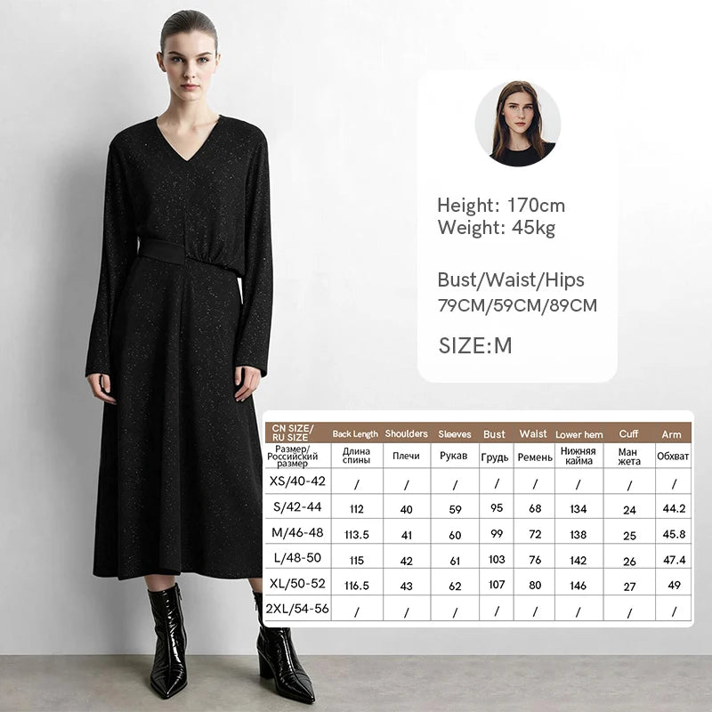 រ៉ូប Amii Minimalist ប៉ាក់រដូវស្លឹកឈើជ្រុះឆ្នាំ ២០២៦ រ៉ូបវែងដៃវែងថ្មីរាងអក្សរ H រាងអក្សរ V ភ្លឺរលោងឆើតឆាយសម្រាប់នារីការិយាល័យ 12613013