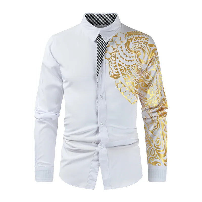 2026 Men's Black Long-sleeved Shirt, Gold Printed Shirts, Fashion Casual Tops Red White Blue Camisa Men Chemise XS S M L XL XXL