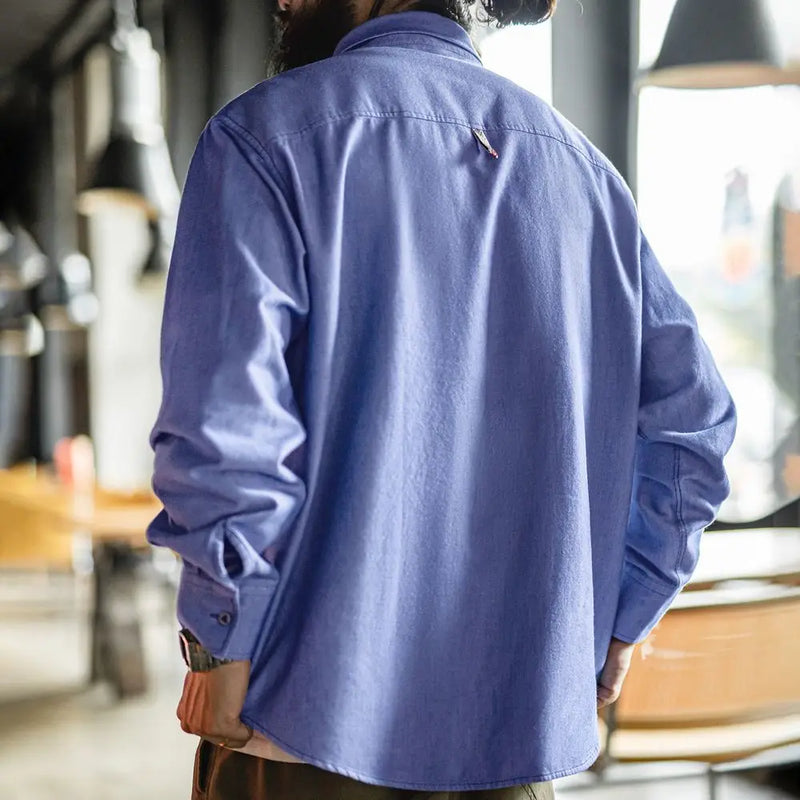 Maden Men's Casual Oxford Long Sleeve Shirt Navajo Embroidered Badge Cotton Blouse Blue Lightweight Layered Tops for Spring Fall