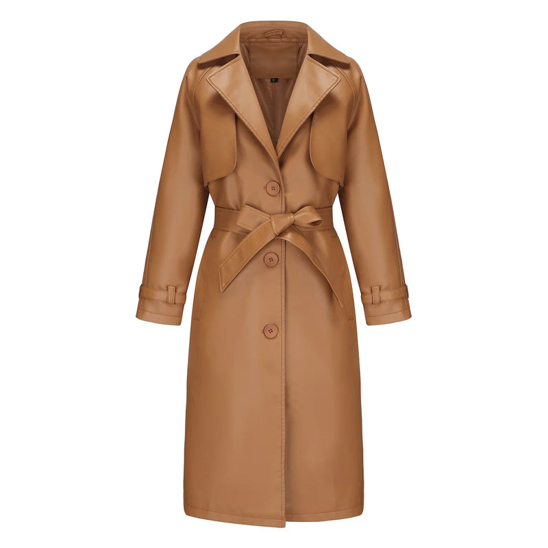 Women's Beige Loose Lace Up Long Leather Jacket,Black Single Breasted Lapel PU Coats,Brown Camel Available, European Size Tops