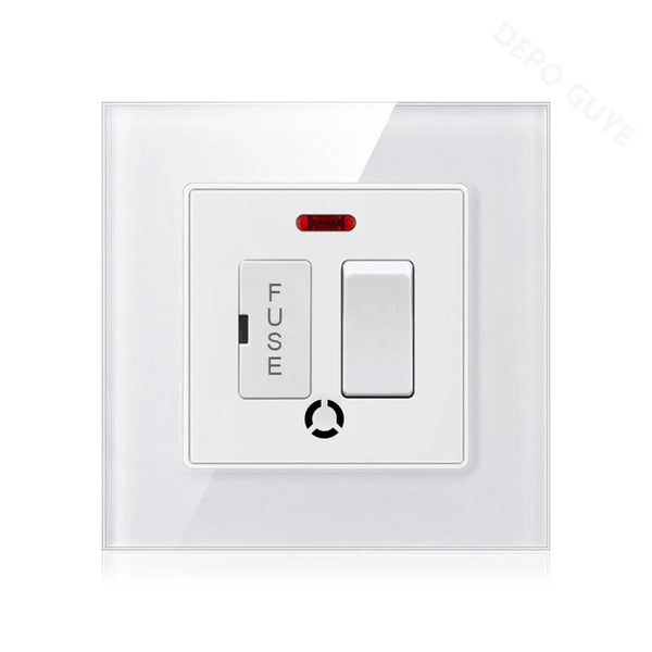 កុងតាក់ប្រភេទ UK 13A ចំនួន 86 ជាមួយហ្វុយស៊ីប កុងតាក់អគ្គិសនី ភ្លើង Spurs ណេអុង ខ្មៅ ស ប្រផេះ កញ្ចក់រឹងមាំ ហ្វុយស៊ីប បន្ទះកុងតាក់ជញ្ជាំង 13A