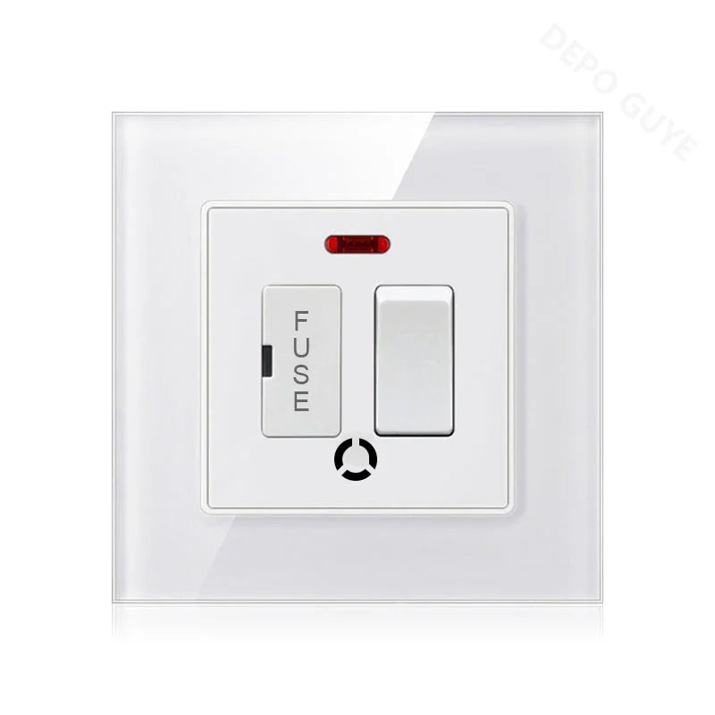 86 Type UK 13A Switch With Fuse Electrical Switch Light Spurs Neon Black White Grey Tempered glass Fuse 13A Wall Switch Panel