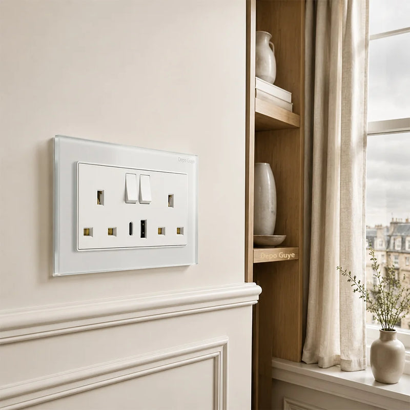 UK Standard 18W Type-C Fast Charging Universal Dual 3pin Power Outlet,White Tempered glass Wall light Switch Panel  For Home