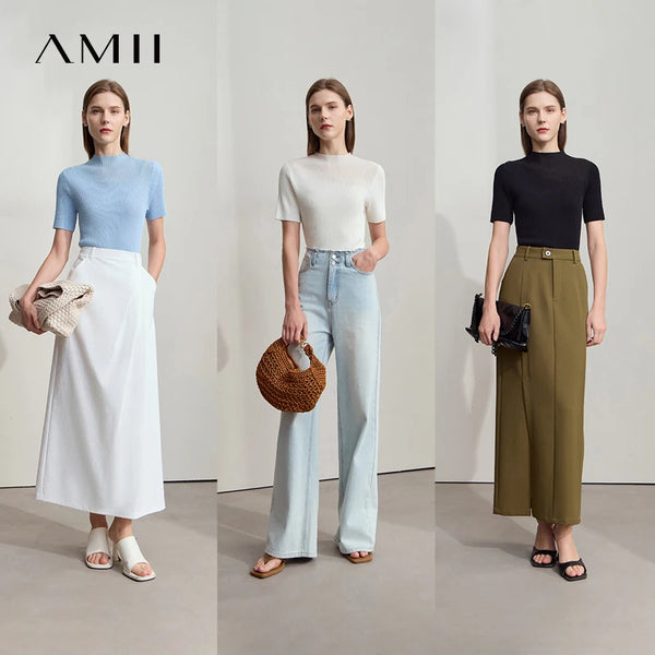 អាវ Amii សម្រាប់នារី រចនាប័ទ្មថ្មី រដូវក្តៅ ឆ្នាំ២០២៦ ពណ៌សុទ្ធ អាវដៃខ្លី កអាវពាក់កណ្តាល ស្លីមហ្វីត 12522123