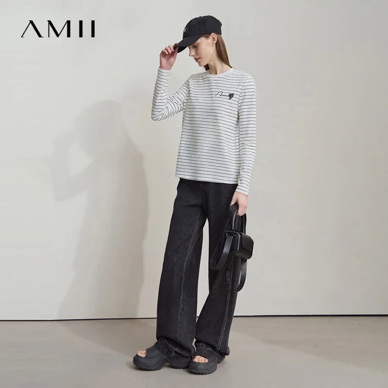 អាវយឺតដៃវែង Amii Minimalist សម្រាប់ស្ត្រី រដូវស្លឹកឈើជ្រុះឆ្នាំ ២០២៥ កអាវមូលថ្មី កប្បាសឆ្នូតប៉ាក់ សម្រាប់ស្ត្រី 12511094