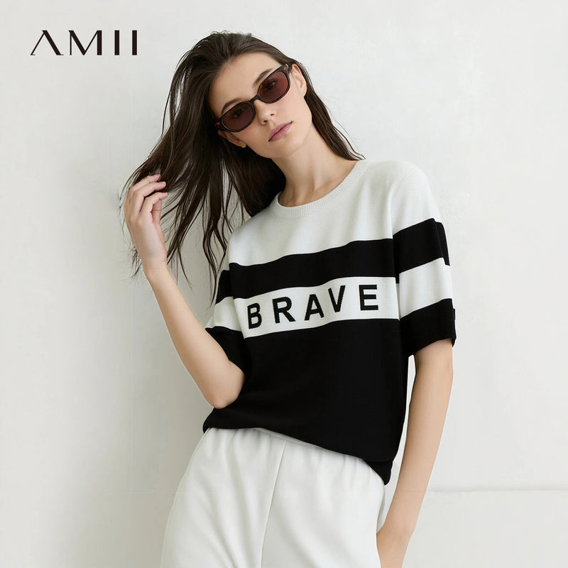 អាវយឺតប៉ាក់ Amii សម្រាប់នារី រដូវក្តៅ ឆ្នាំ២០២៦ អាវយឺតឆ្នូតថ្មី អក្សរ Jacquard កមូល ដៃខ្លី សម្រាប់នារី 12642169