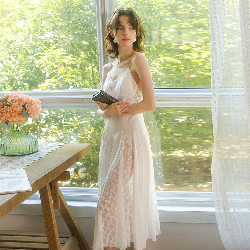 Elegant Satin Lace Chest Pads Two-piece Set Long-sleeved Sleepwear Loungewear Nightdress Room Wear Women's Pajamas and Robes