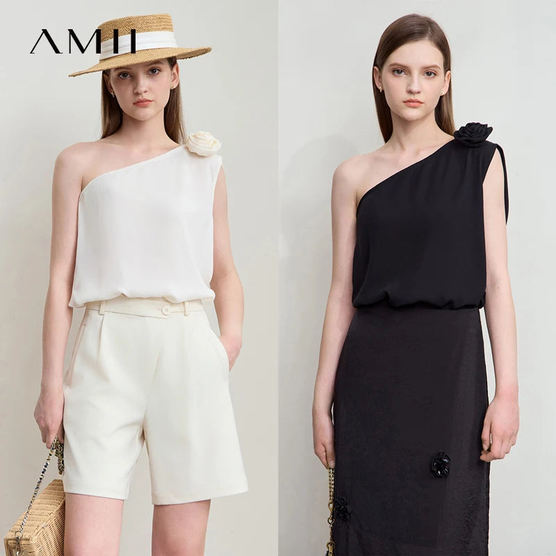 Amii Minimalist Casual Light Luxury Chiffon Shirt Women 2026 Summer New Party Stereo Flower Slant Neck Shoulder Blouses 12542144
