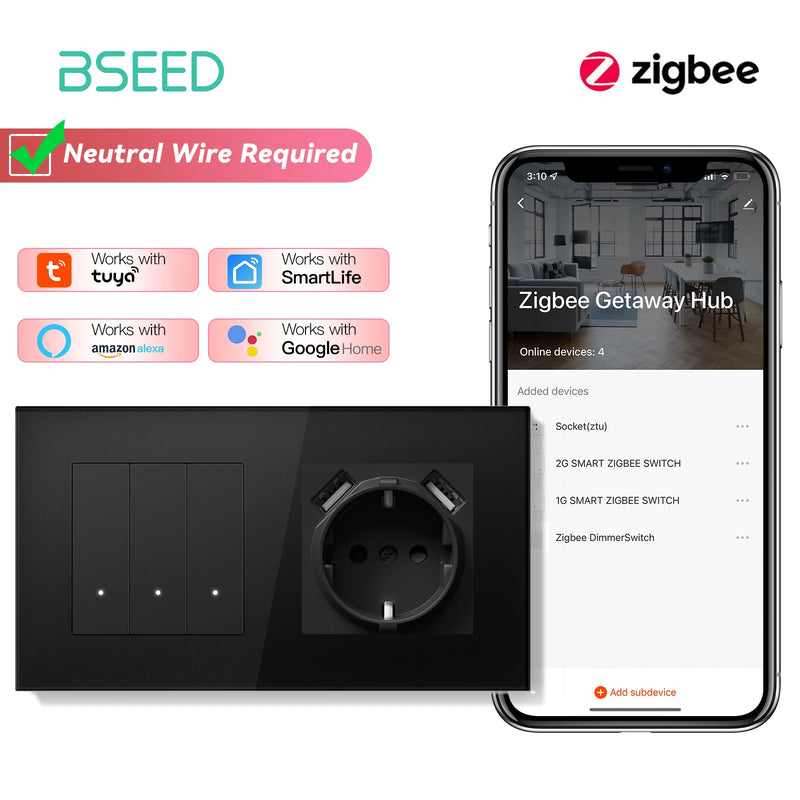 BSEED 1/2/3Gang 2Way Zigbee Light Switch With EU Wall Socket Smart Click Button Switch Glass Panel Tuya Smart Life Alexa Control
