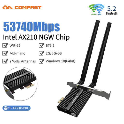 Comfast 5374Mbps WiFi 6E PCIE Wireless WiFi Adapter Bluetooth 5.2 Intel AX210 Tri Band 2.4G/5Ghz PCI Express 802.11AX Wi-Fi Card China CF-AX210Pro