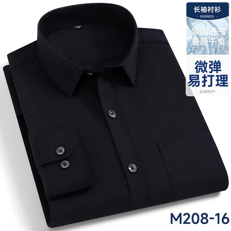 Men's Black Long-sleeve Plaid Shirt for Spring and Fall; Wrinkle-resistant, Quick-drying, Casual Stretch Shirt. White,Gray,Blue.