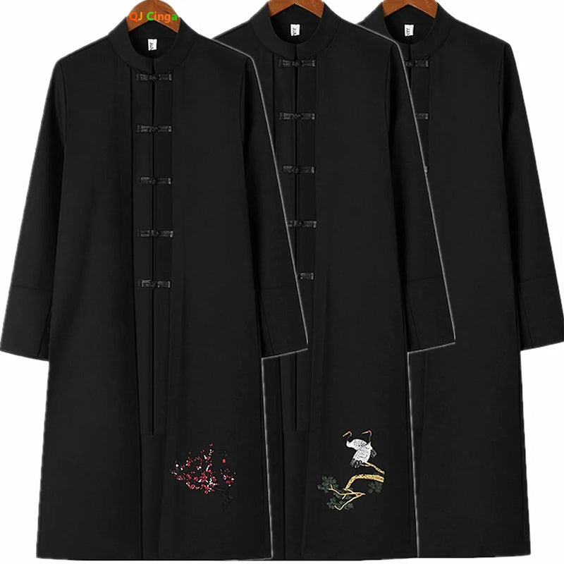 Chinese-style Men Black Trench Coat,Single-breasted Stand-up Collar Embroidered Long Jacket,Vintage-inspired Male Statement Top.