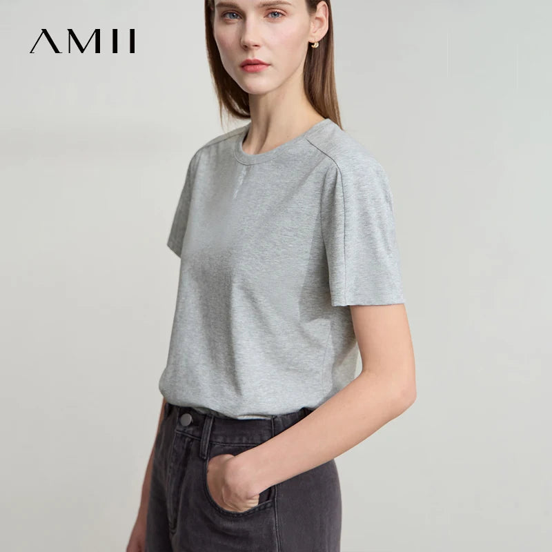 AMII Casual Print Shirt Women Summer New 2026 Short Sleeve Round Neck Baroque Pearl Straight T-shirts Woman Fashion 12522059