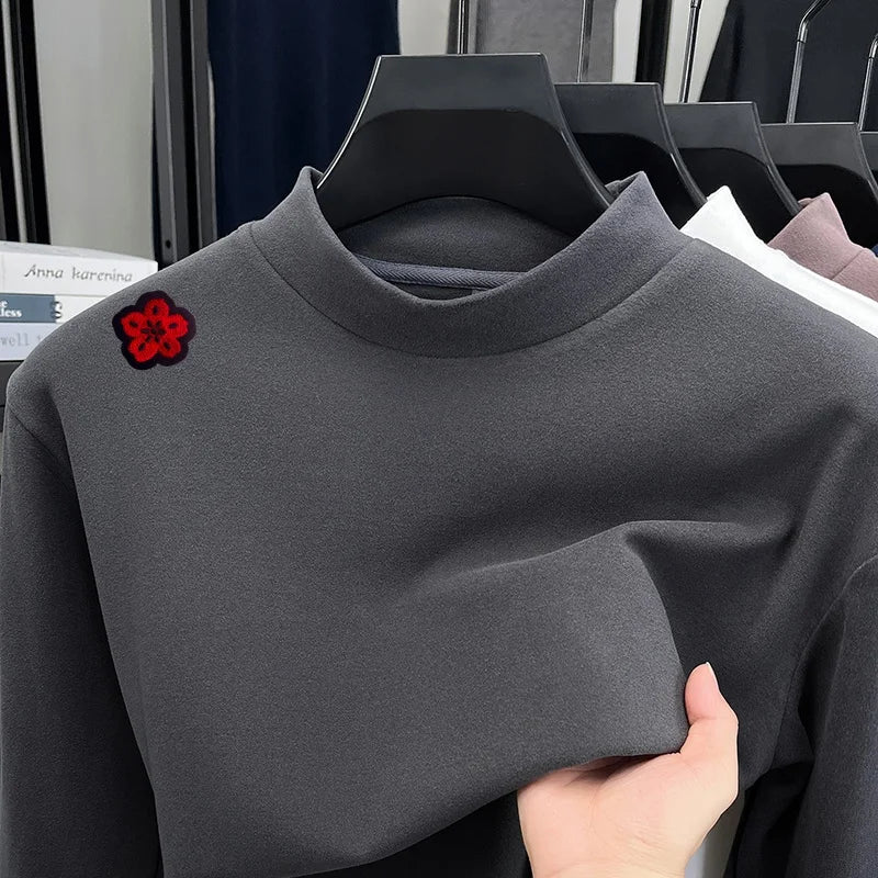 Original Design Man Long-Sleeved T-Shirt Mock Neck Flower Embroidery Dralon Fabric Autumn Winter New Tops Casual Men's Clothing