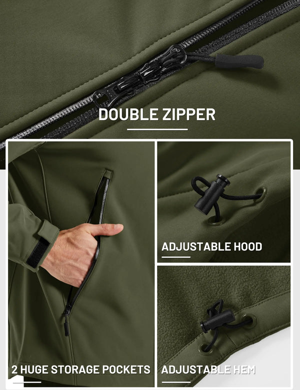 TACVASEN Mens Winter Warm Softshell Fleece Jacket Waterproof Lightweight Outdoor Hiking Jacket Breathable Hooded Fishing Coat