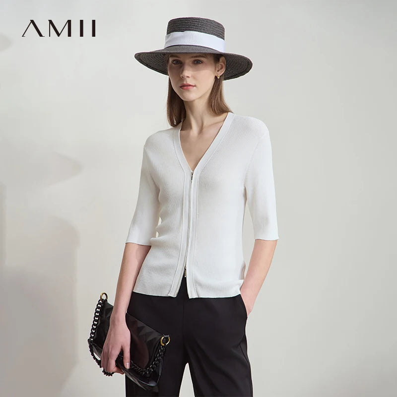 អាវក្រៅ AMII រដូវស្លឹកឈើជ្រុះឆើតឆាយសម្រាប់ស្ត្រីឆ្នាំ ២០២៦ ក V ដៃអាវពាក់កណ្តាលមានខ្សែរ៉ូតខ្លីសម្រាប់ស្ត្រី អាវយឺតស្តើងទាន់សម័យ 12542020