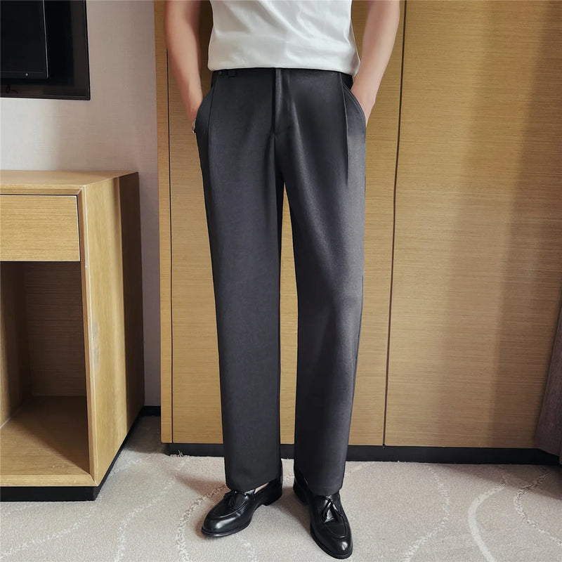 Men's Old Money Style Straight-Leg Trousers – Wrinkle-Resistant Drapey Fabric with Elastic Waist for Summer