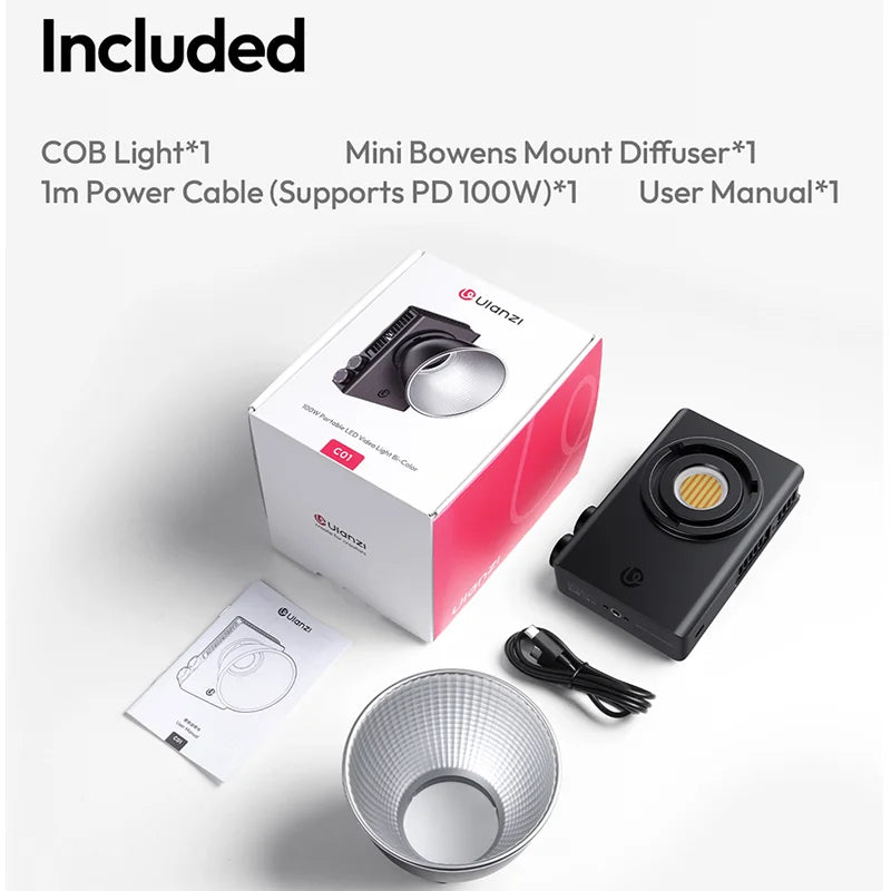 ភ្លើងវីដេអូ Ulanzi C01 100W ចល័ត Bi-Color COB 2700-6500K CRI96+ 14500 Lux Mini Bowens Mount ភ្លើងពេញសម្រាប់ការថតរូបផ្ទាល់