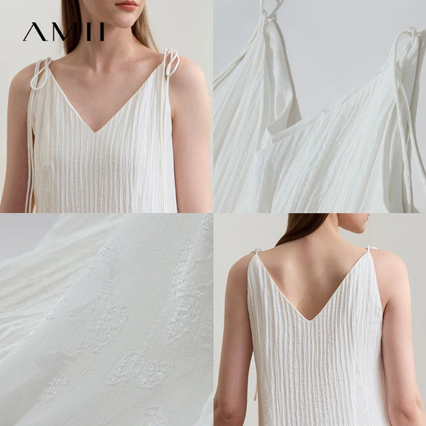 រ៉ូប Amii Minimalism Vacation Beige Summer 2025 រ៉ូបថ្មីសម្រាប់នារី Office កាត់ផ្កា A Line ដៃខ្លី ធម្មតា ចងជារាង Fairy 12542190