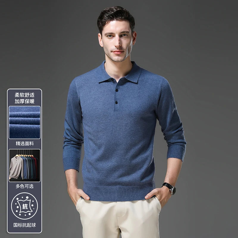 Men's Lapel Solid Color Woolen Sweater, Autumn & Winter New Stretch Top, Daily Leisure Pullover Knitwear, Business POLO