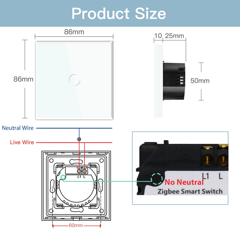 BSEED Zigbee Wall Switches Smart Touch Screen Light Switch 1/2/3Gang 1/2/3Way Google Alexa Tuya App Control No Neutral Line