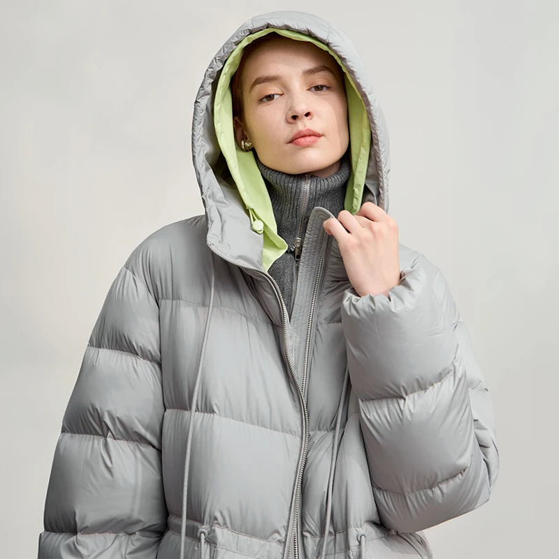 AMII Hooded Down Jacket 2026 Winter New Warm Zipper Long Sleeve 85% White Duck Down Coat Woman Loose Straight Long Coat 12524017