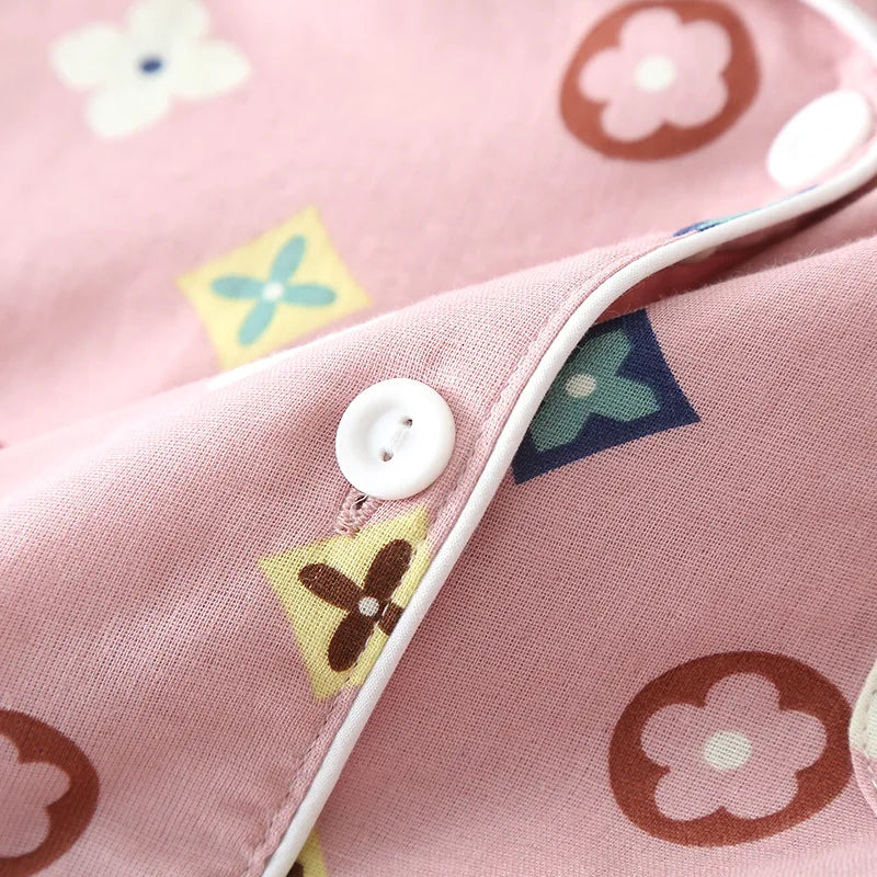 Lapel Collar Long Sleeve Sleepwear Set Spring Autumn 100% Cotton Gauze Women's Nightwear Room Wear Pajamas Loose Home Clothes