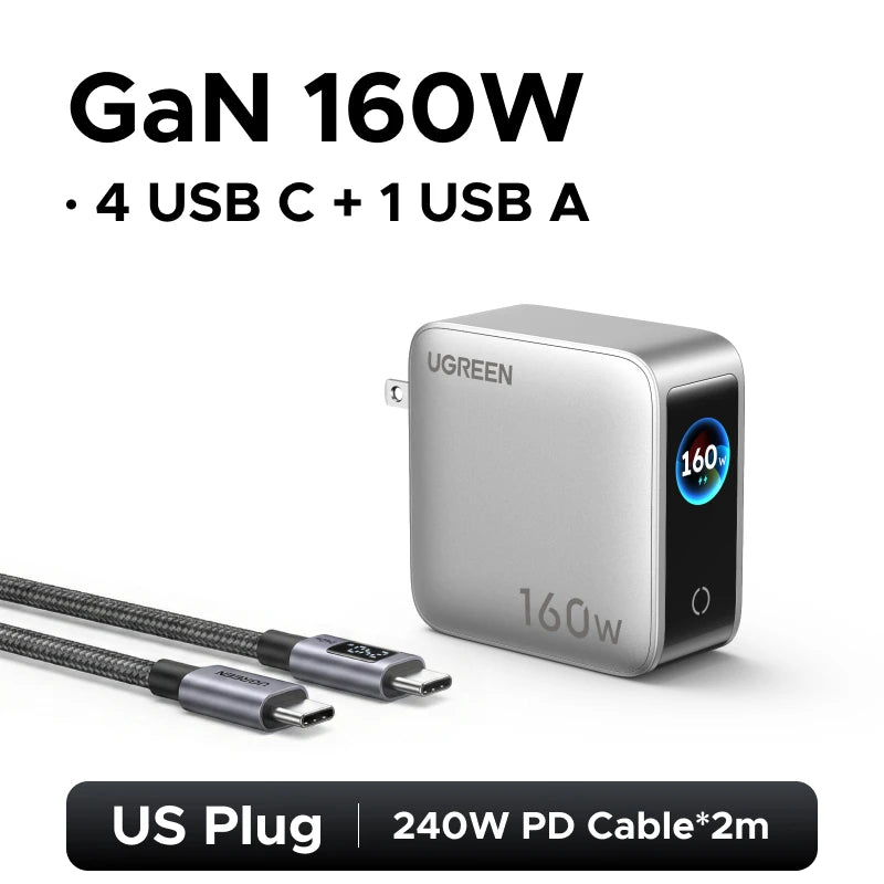 UGREEN 160W GaN Charger With Smart Display AVS PD 3.1 140W QC4.0 For MacbookPro Laptop iPhone 18 17 iPad Tablet SamsungS25 Ultra