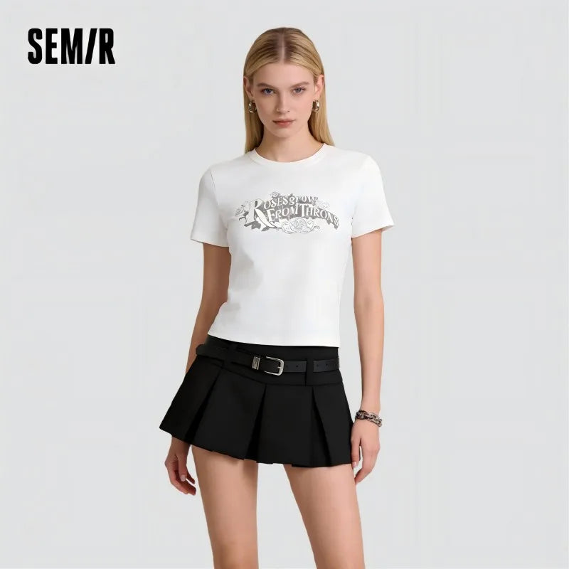 Semir Womens Tshirt 2026 Vintage Washed Printed Slim Regular Shoulder Retro American Style Casual Soft